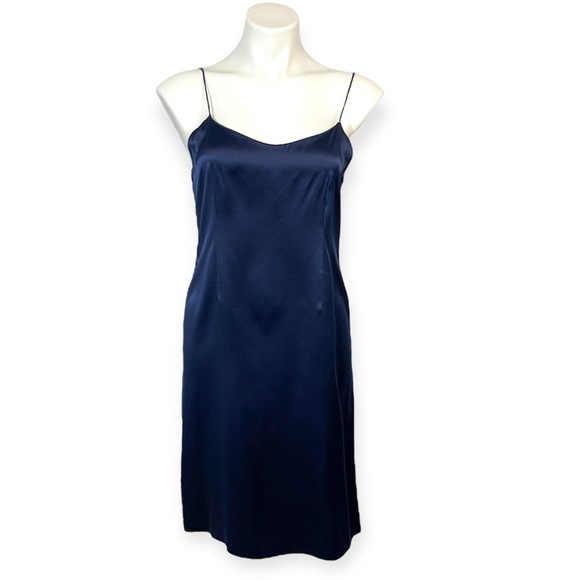 Rickie Freeman Teri Jon Silk Satin Slip Dress Navy Blue 6 Midi Spaghetti Strap - Picture 4 of 14